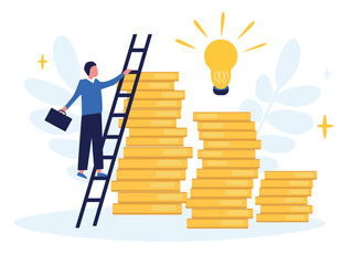 Ladder of success in financial target, Businessman climbs the ladder to the top of heap of money coins, achieving affluent and wealthy aims.