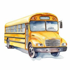 AI generated illustration of a yellow school bus parked on a white background