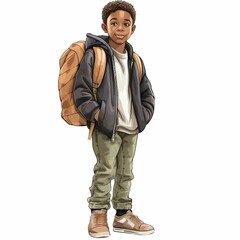 Fototapeta premium AI generated illustration of a little African American school boy with a backpack