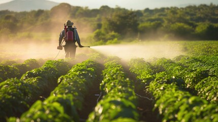 Fototapeta premium a farmers are spraying pesticides on crops in garden. generative ai