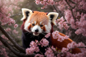 Red panda rare endangered animal climbing on sakura tree wild background wallpaper cute portrait