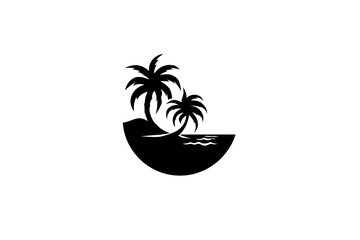 Black logo design for travel agency. Two palms and ocean. Summer, vacation
