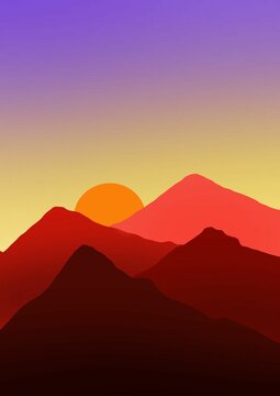 Illustration of a stunning landscape featuring a picturesque sunset over rugged mountains © Wirestock