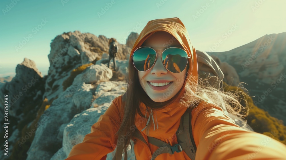 Wall mural woman backpacker in sunglasses with hood shirt taking selfie on top of mountain. generative ai