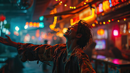 Fototapeta na wymiar Arcade Bliss: An Asian Man Stands with Arms Outstretched in an Arcade Room, Experiencing Pure Joy and Excitement Amidst the Glow of Video Games and Fun