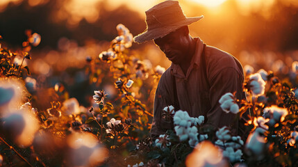 An African Black Man Picks Cotton in the Field, Reflecting the Laborious Work of Olden Times - obrazy, fototapety, plakaty