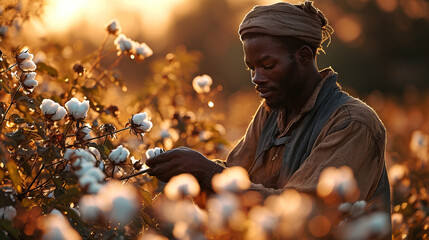 An African Black Man Picks Cotton in the Field, Reflecting the Laborious Work of Olden Times