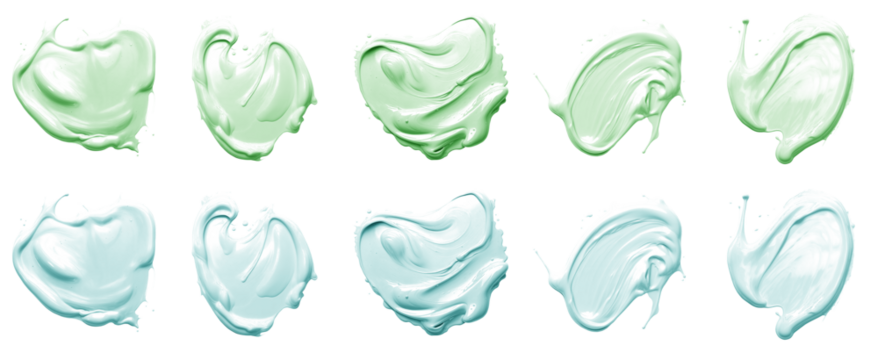 2 Collection set of pastel green turquoise blue, blob paint ink liquid smear smudge swatch cream wax on transparent background cutout, PNG file. Many different design. Mockup template artwork graphic