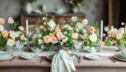 Beautiful pink and beige colors morning table decoration with lace tablecloth and napkins, pinky rose flowers, silver tableware and white porcelain plates additionally decorated with easter eggs.