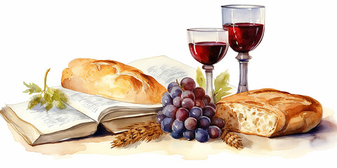 Simboli eucaristici. Simboli della Cena del Signore: Bibbia, bicchiere di vino e pane sul tavolo,  sfondo bianco, stile acquerello
