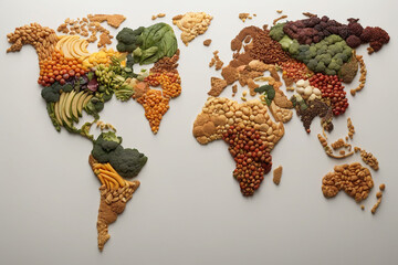 World map made of different food ingredients on white background, top view