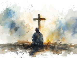 Uomo inginocchiato e in preghiera davanti alla croce. nuvole nel cielo, sfondo bianco, stile acquerello,