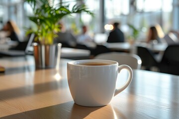 Cup of coffee on the table in the office in the background with office workers.