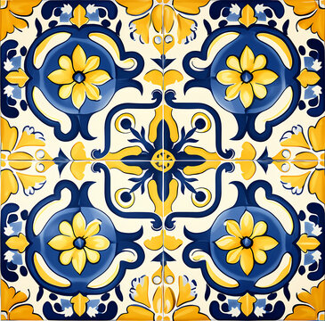 floral tiles in a blue and yellow watercolor ornate style