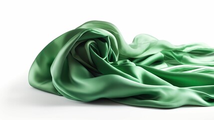 Luxurious green silk fabric with an incredibly soft and smooth texture against a white background