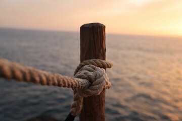 Close-up shot of a rope tied around a wooden post on the sandy beach - Powered by Adobe