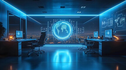 A state-of-the-art cybersecurity hub illuminated with blue neon lights, featuring a global network display for worldwide cyber surveillance.