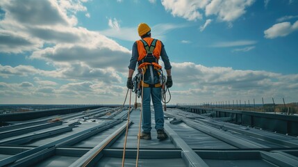 Employee working at height with safety equipment. generative ai