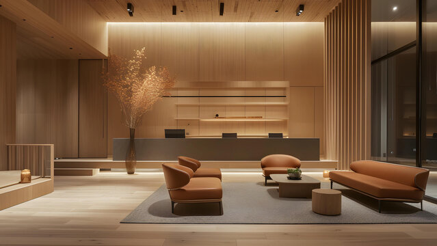 A modern hotel lobby exuding warmth and sophistication with its wooden paneling, designer furniture, and a minimalist yet inviting decor.