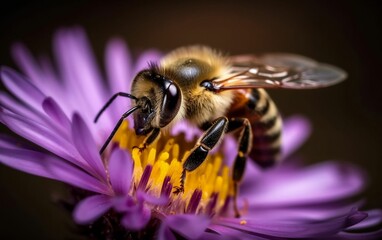 Macro shot of a bee captured in flight, with a clump of pollen visible on its hind legs