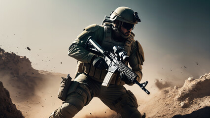  soldier in desert with rifle and helmet on