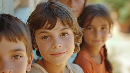 Several kids looking at the camera with a light smile. current situation is unfortunate, but the concept of hope that it will go well in the future. generative AI