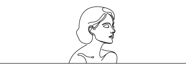 Continuous line drawing of Portrait of a Beautiful Woman's face. The Concept of Skin Beauty Care for young female models. Fashion beauty model with a white background. Vector