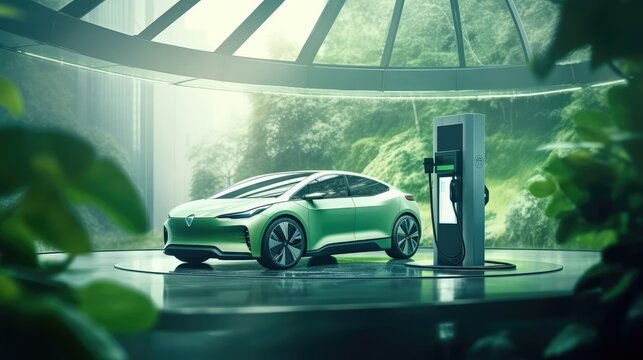 EV charging station for electric car in concept of green energy and eco power produced from sustainable source to supply to charger station in order to reduce CO2 emission, Generative Ai