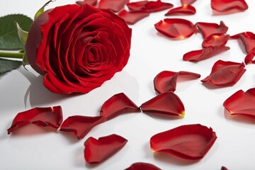 Closeup of a red rose with fallen petals on a white background.