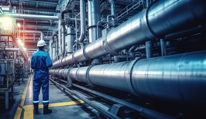 Male worker inspecting steel long pipes and pipe elbow in an oil refinery station during refinery valve maintenance in the oil and gas industry.