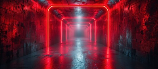 Red neon Futuristic tunnel with grunge metal walls