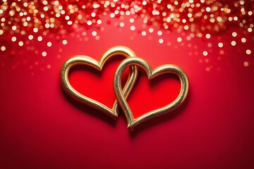 two golden hearts on a red background, top view