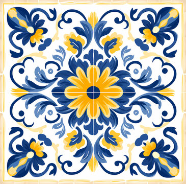 floral tiles in a blue and yellow watercolor ornate style