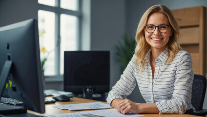 Fototapeta na wymiar beautiful happy smiling woman accountant working at her desk looking at the camera