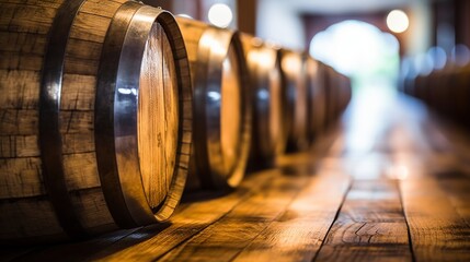 Obraz premium Oak barrels arranged in rows on wooden floor.