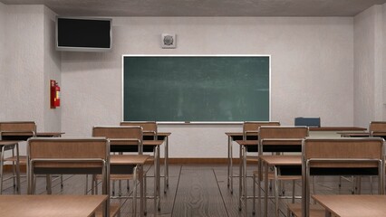 3D render of the interior of a classroom with a chalkboard and wooden furniture