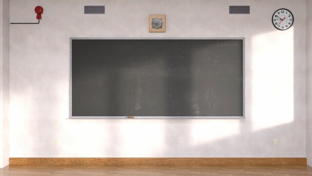3D render of a classroom wall with a chalkboard and a clock