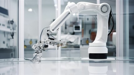 a robotic machine in action in a laboratory setting on glass counter