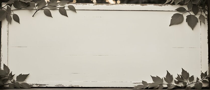 Empty wooden sign framed with ivy, photography background copy space for text 