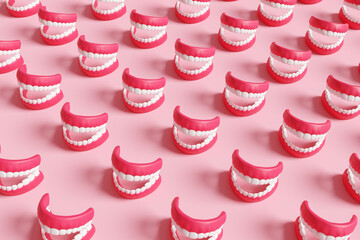 Grid of model teeth with white teeth and red gums on pink background. Illustration of the concept of dental health and oral hygiene