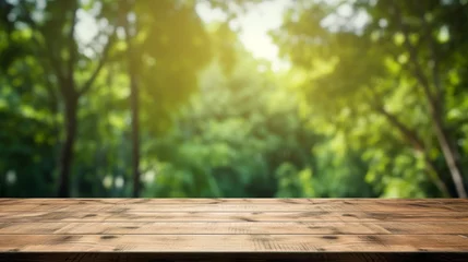 Fotobehang Empty wooden table top product display showcase stage. Lush summer forrest background. © AIExplosion