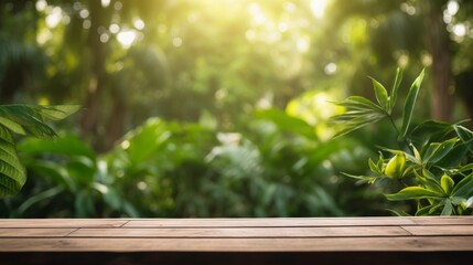 Empty wooden table top product display showcase stage. Tropical green jungle background.