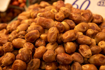 Various types of dried dates for sale in the date shop