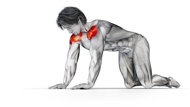 3d illustration of muscular character training for back shoulders on white background