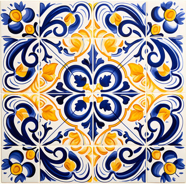 floral tiles in a blue and yellow watercolor ornate style
