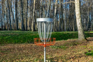 Papier Peint photo autocollant Bouleau a disc golf hole on green grass with birch grove in background, disc golf basket in a park