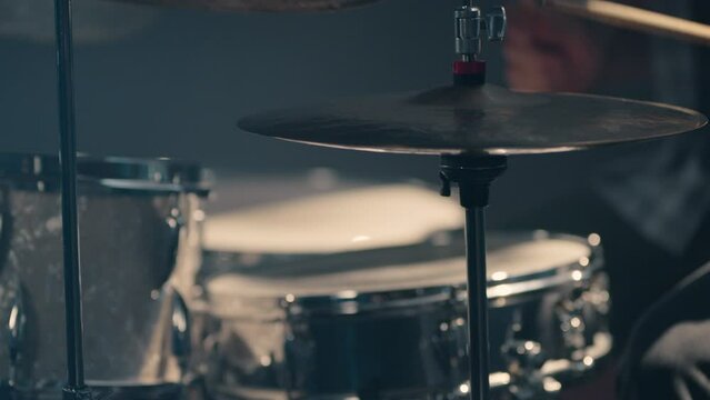 Close Up Of Playing Hi-Hat Drums Kit In Studio, Closeup
