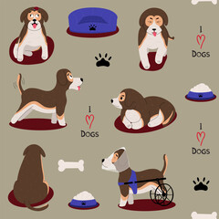 Seamless pattern of dogs in different poses