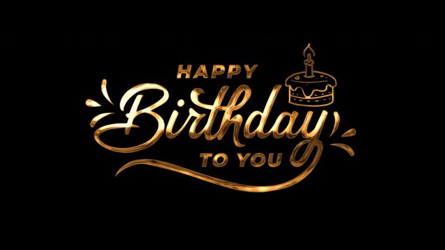 happy birthday text animation in gold color on transparent background. 4K Video birthday card. Luxury. easy put to any video.