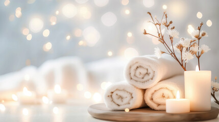 A tranquil spa setting with rolled towels, candles, and soft bokeh lights.